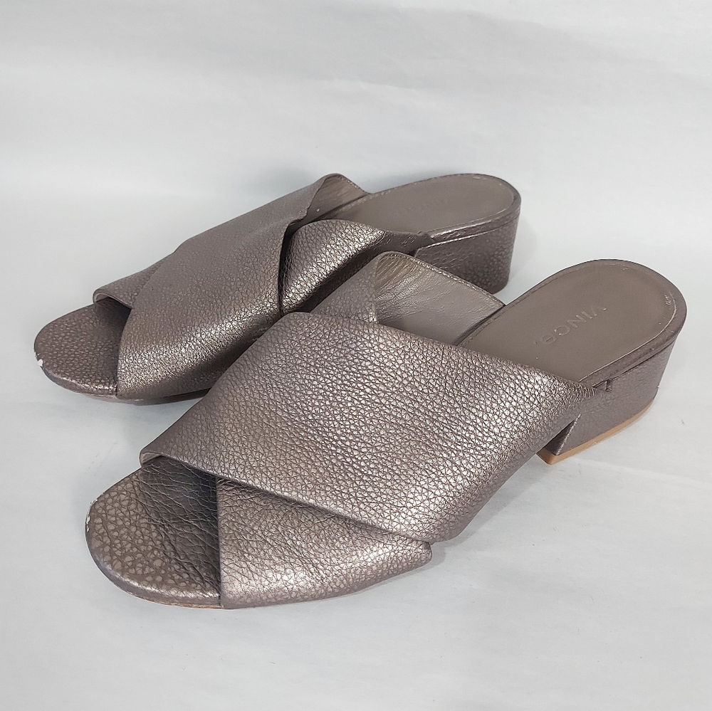 Vince Open Toe Block Heel Slide Sandals Size 9 M Karsen Bronze Comfort Slip-on